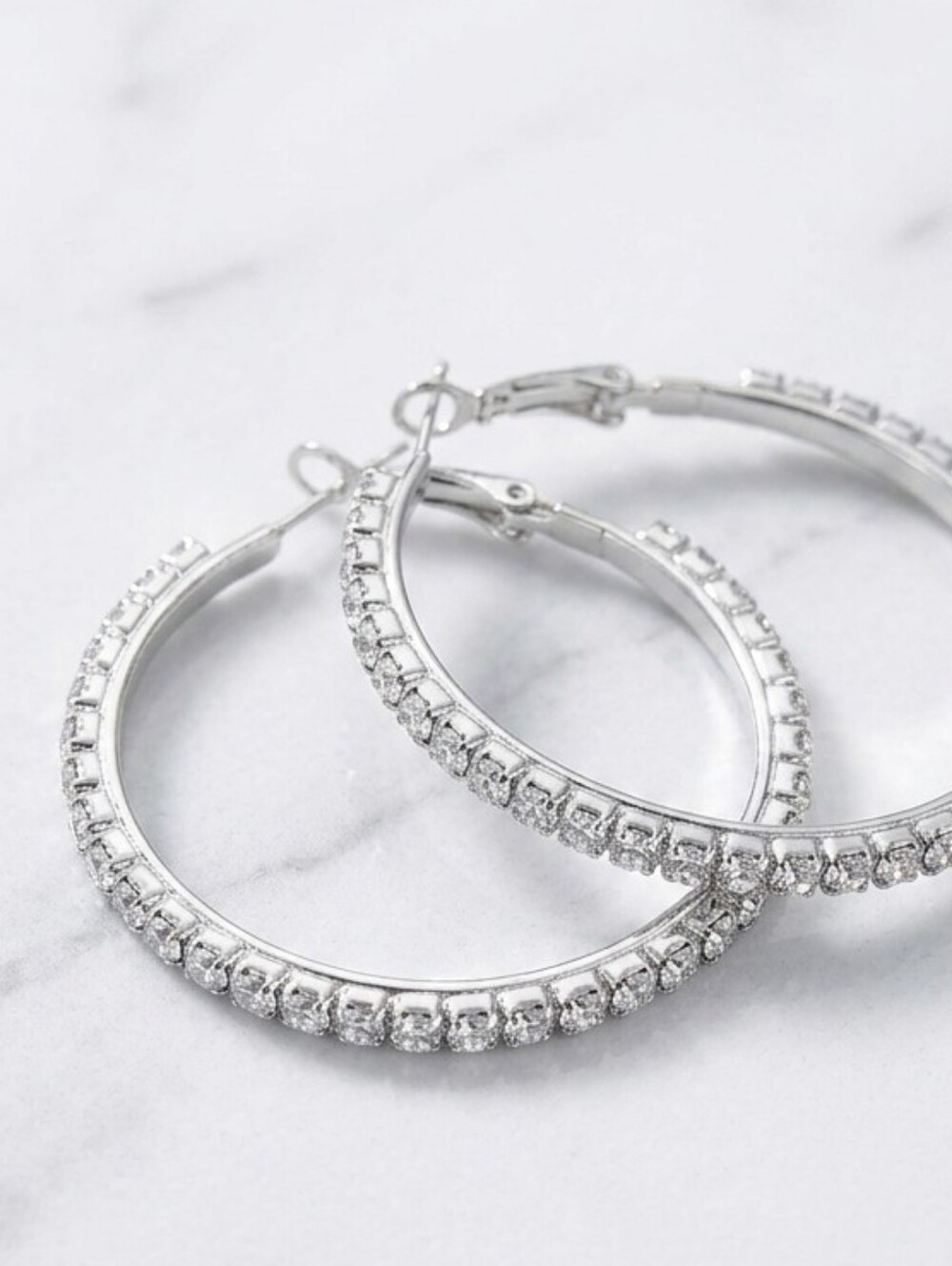 Silver Crystal Hoop Earrings — Sparkling Pavé Accent - Picture 2 of 4